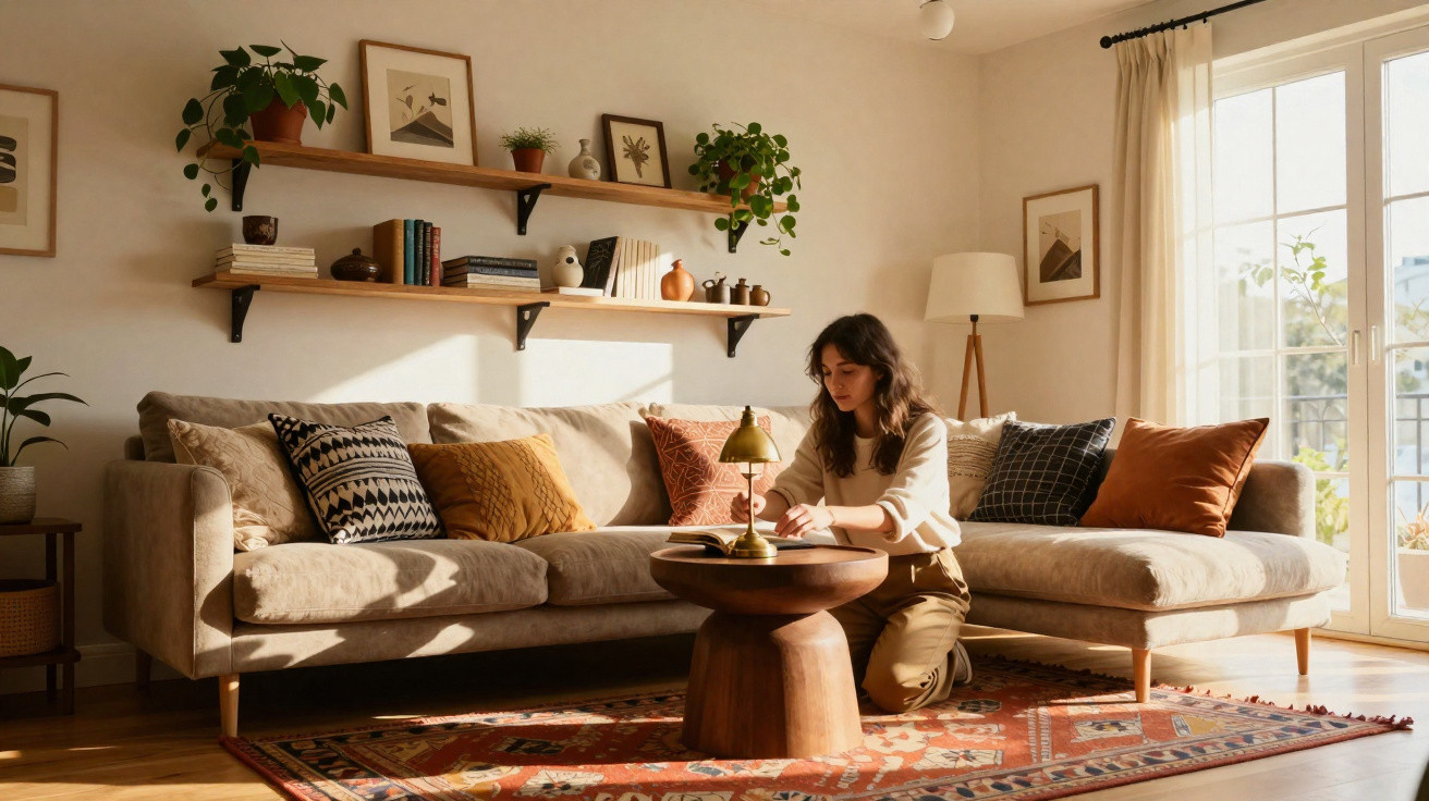 Mulher sentada no chão junto a mesa de centro numa sala luminosa com sofá e plantas decorativas.