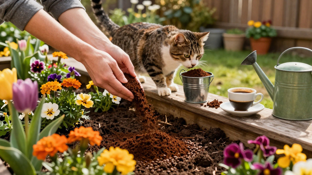 Mãos a colocar terra num jardim florido com um gato a cheirar um balde pequeno e uma chávena de café.