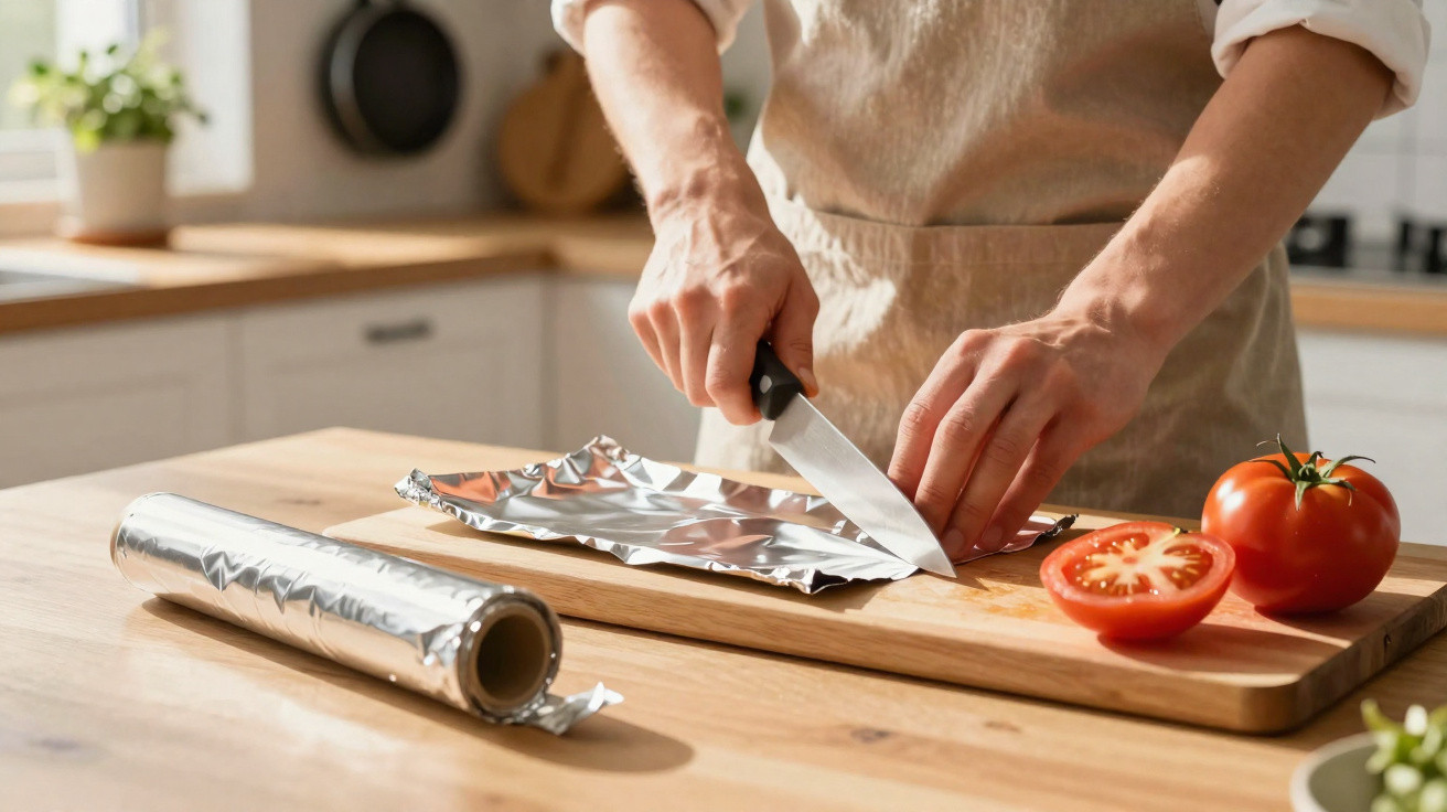 Pessoa a cortar papel de alumínio numa tábua de madeira com tomates ao lado numa cozinha iluminada.