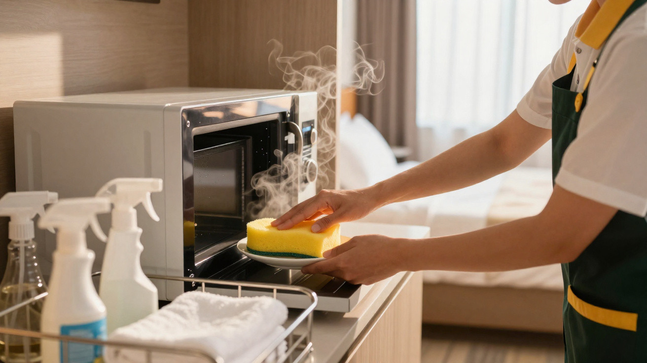 Pessoa a limpar micro-ondas com esponja amarela e vapor visível, ao lado de produtos de limpeza.