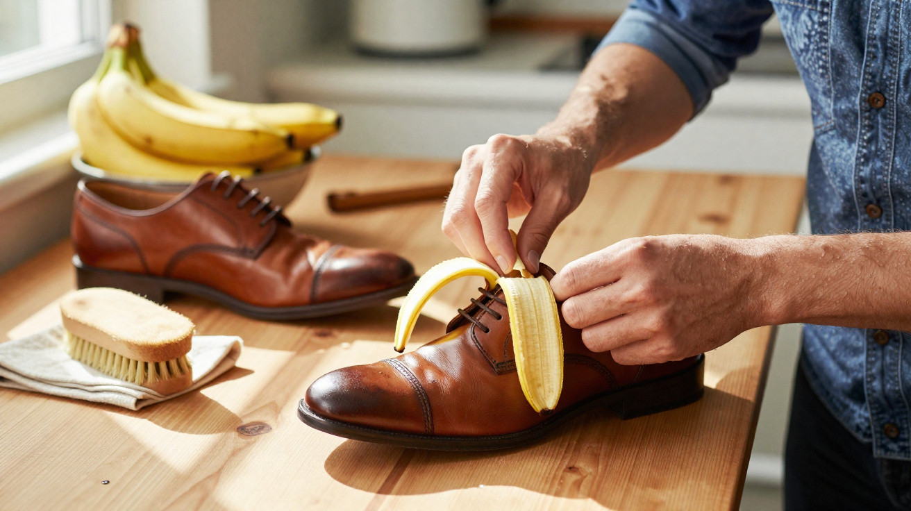 Pessoa a descascar uma banana sobre um sapato de pele castanha numa mesa de madeira.