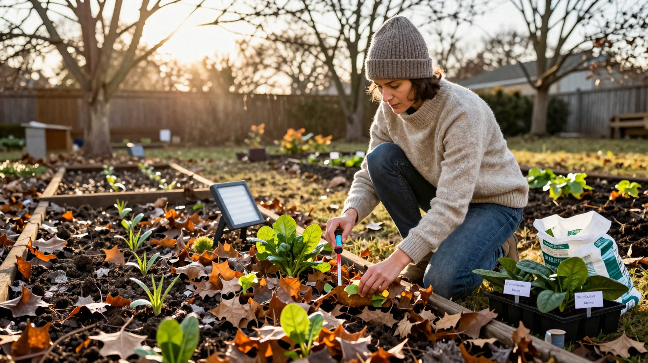 Mulher de gorro e camisola cinza a cuidar de plantas em canteiro com folhas secas no jardim ao pôr do sol.