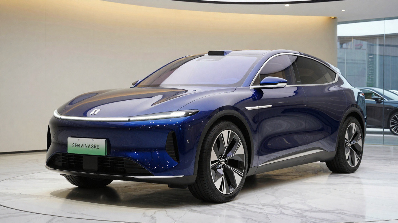 Carro eléctrico azul moderno estacionado em showroom com chão de mármore e iluminação suave.