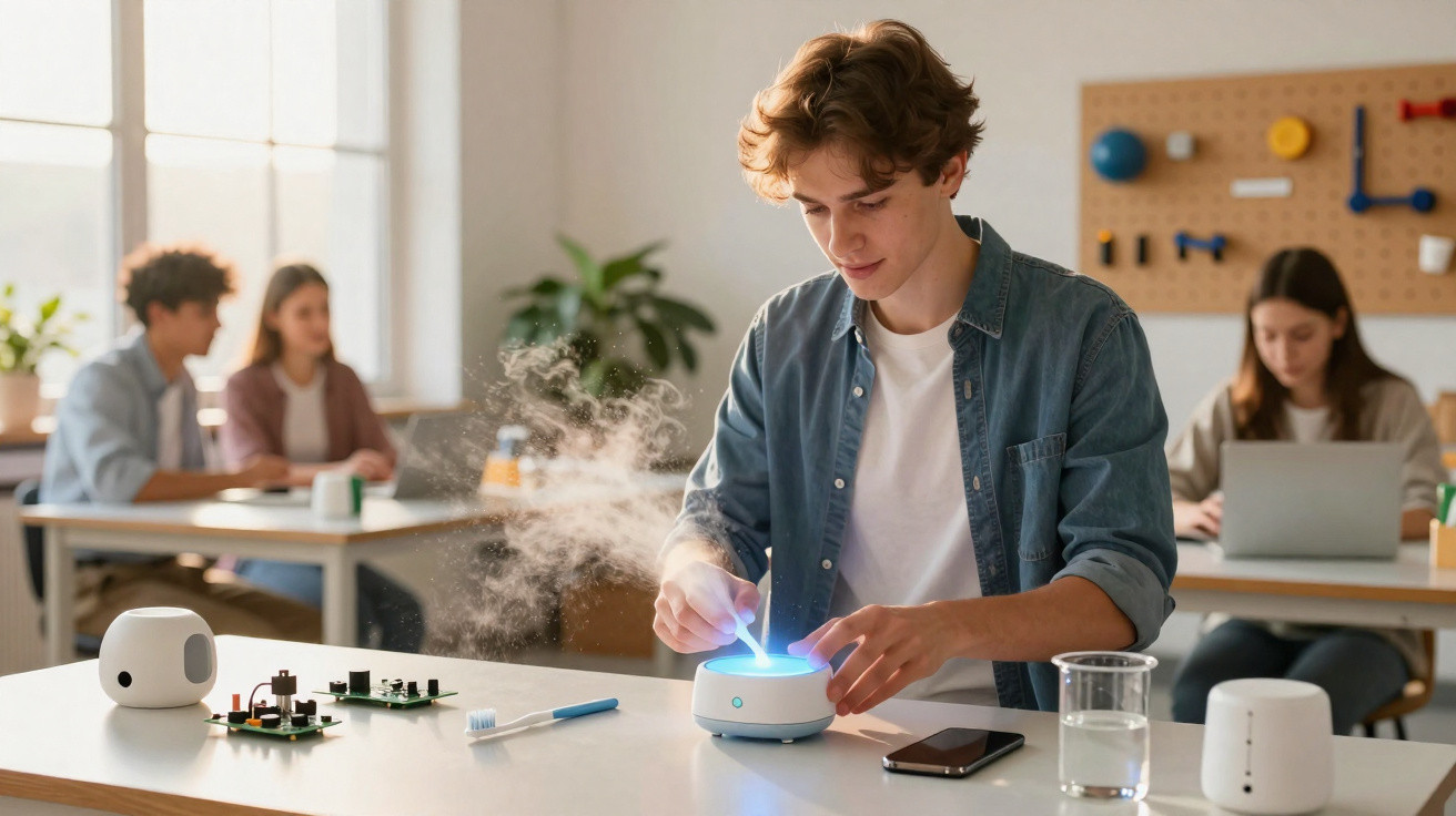 Jovem a montar dispositivo tecnológico num ambiente de estudo com colegas ao fundo.