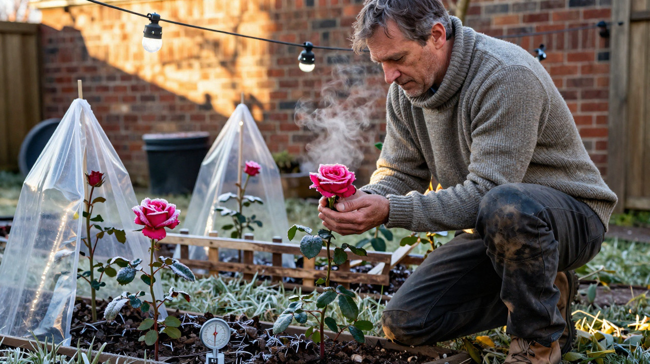 Homem ajoelhado a aquecer uma rosa com vapor no jardim durante manhã fria.