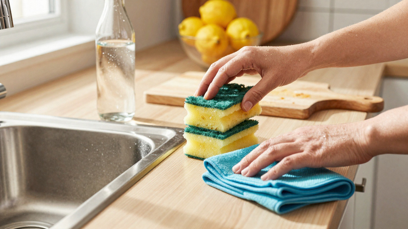 Mãos pousam esponjas amarelas e verdes numa bancada de cozinha perto de pia e pano azul.