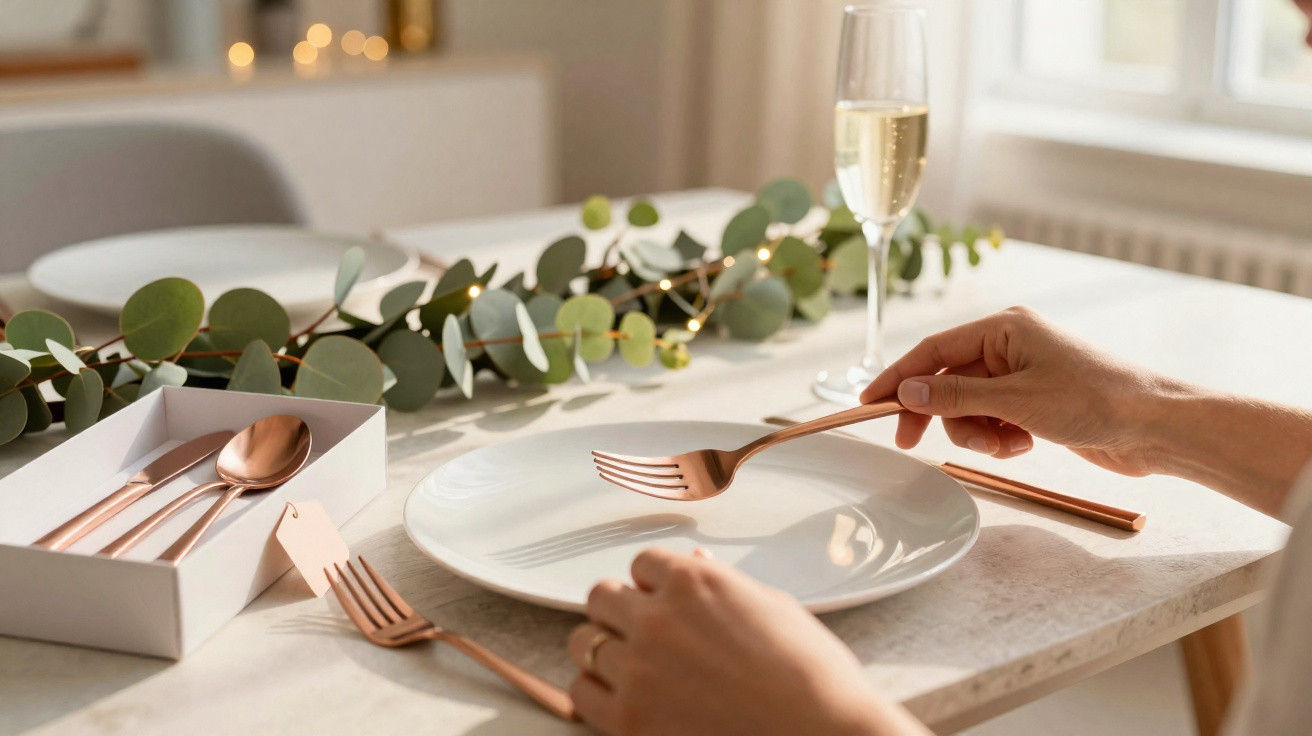 Pessoa a colocar um garfo de metal dourado num prato branco numa mesa decorada com folhagem e uma taça de champanhe.