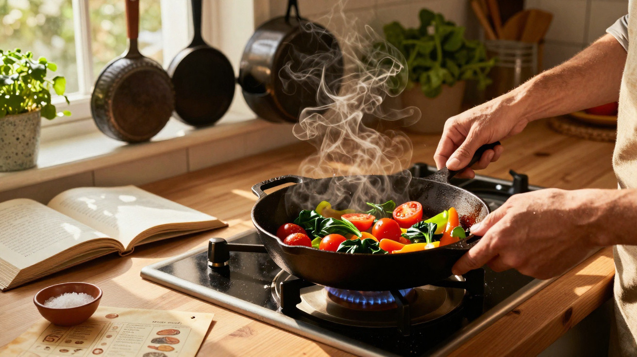 Mãos a cozinhar legumes frescos numa frigideira em lume brando numa cozinha iluminada pela luz natural.