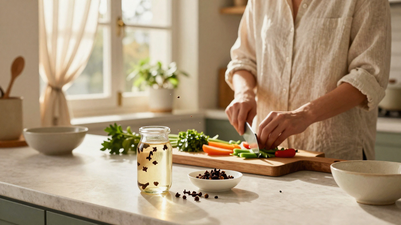 Pessoa a cortar legumes numa tábua numa cozinha iluminada com um frasco e uma taça com especiarias na bancada.