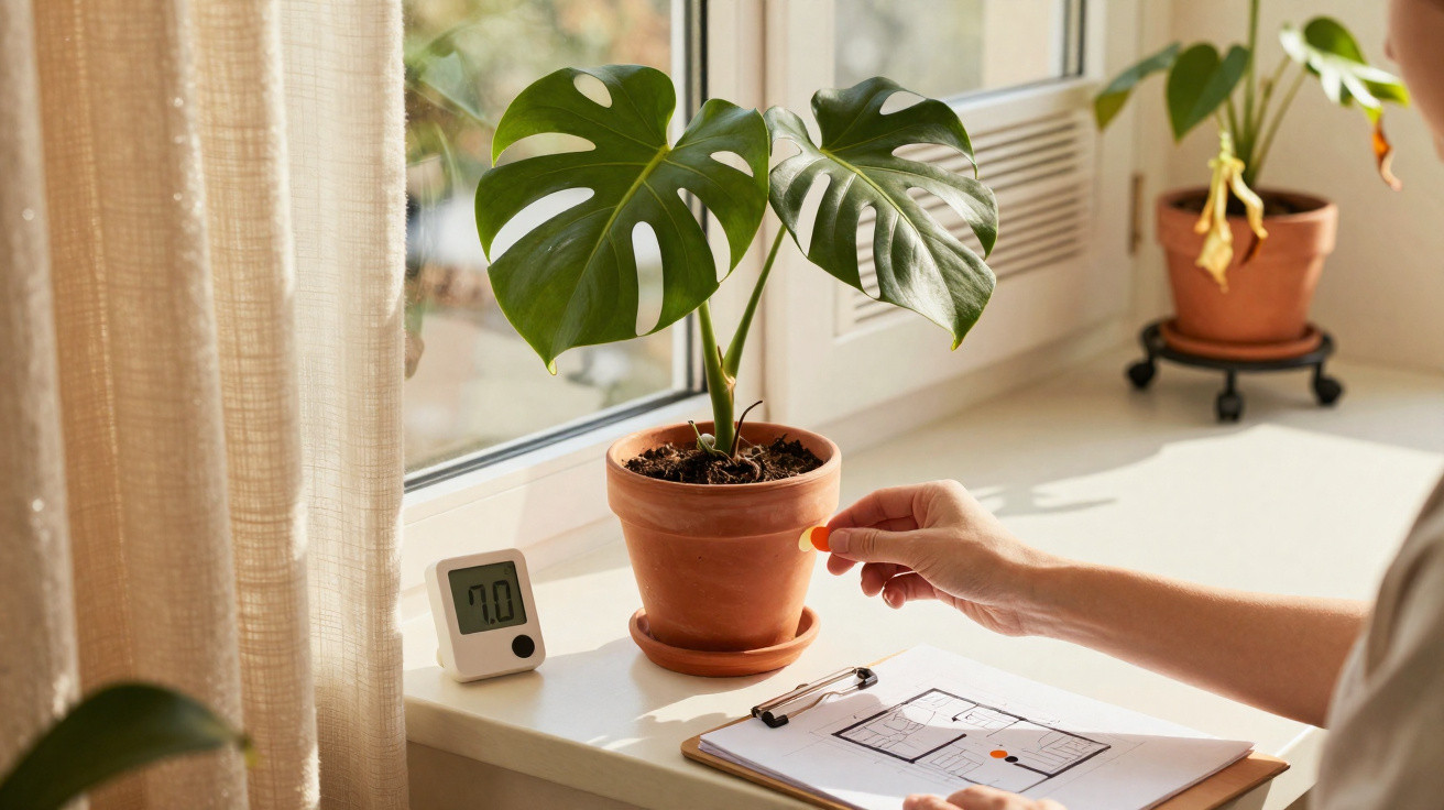 Pessoa a adicionar um marcador numa planta num vaso junto a uma janela com termómetro e prancheta.