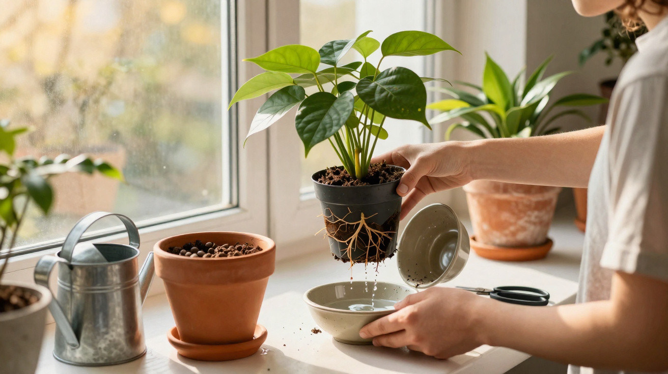 Pessoa a cuidar de planta em vaso junto a janela com regador, vaso vazio e tesoura numa bancada.