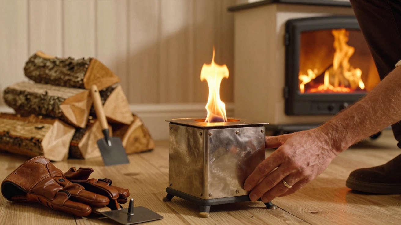 Mão a ajustar queimador metálico com fogo, madeira e lareira acesa ao fundo numa sala acolhedora.