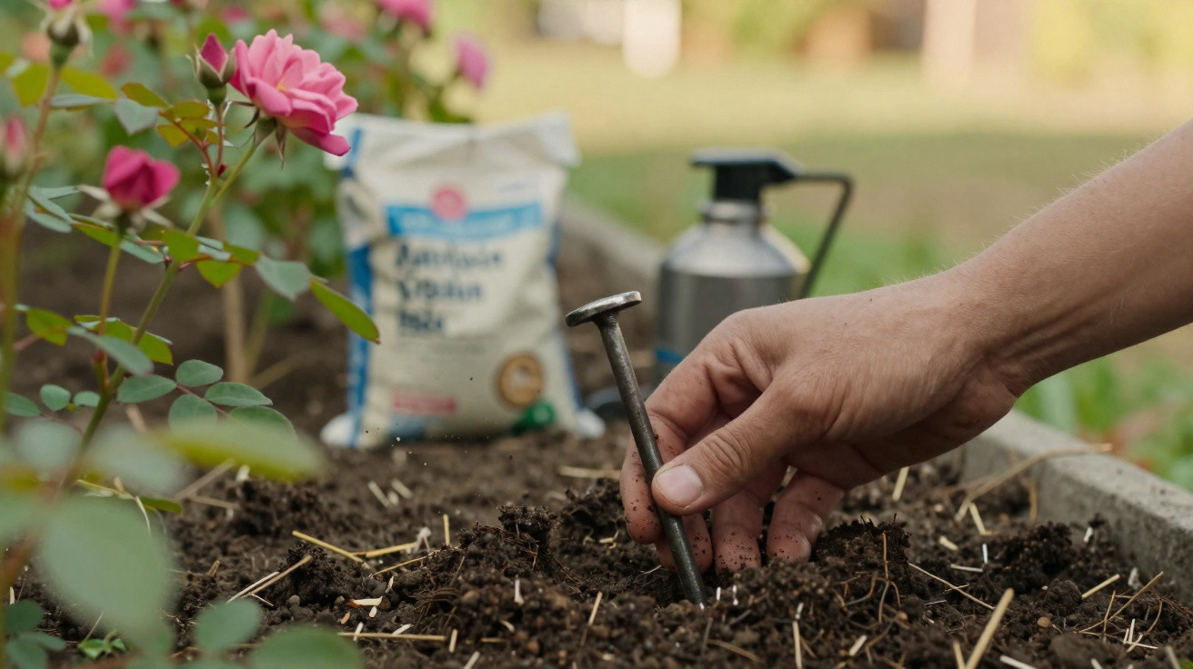 Pessoa a plantar pregos no solo de um jardim com rosas cor-de-rosa próximas.
