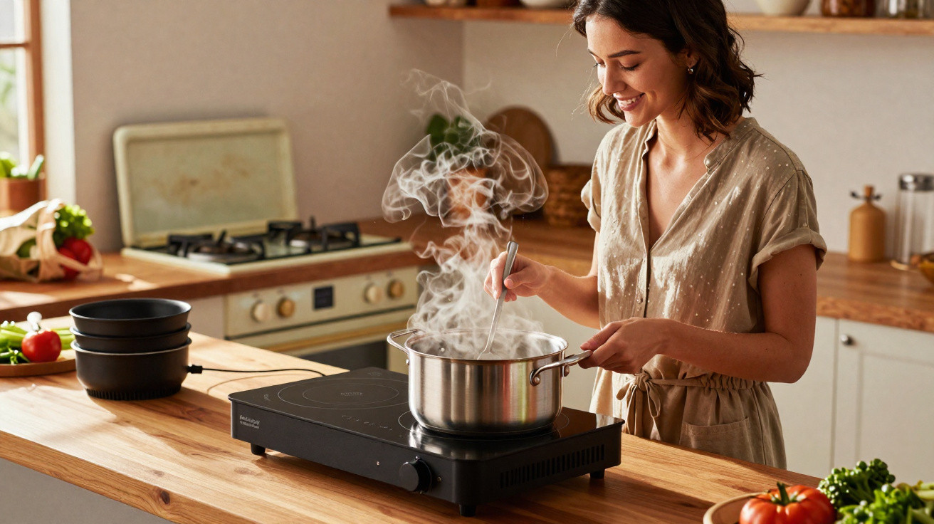 Mulher a sorrir enquanto cozinha numa panela a ferver numa placa de indução numa cozinha bem iluminada.
