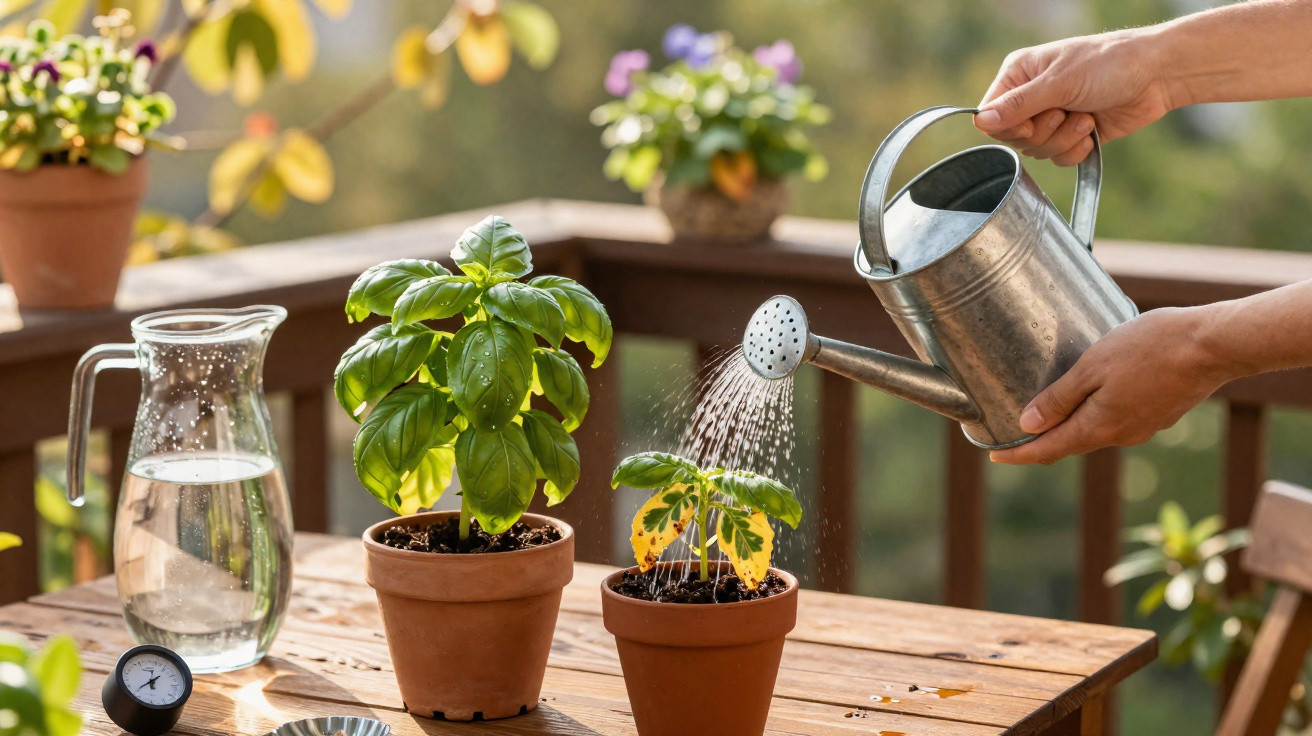 Pessoa a regar plantas em vasos num terraço com jarra de água e termómetro na mesa de madeira.