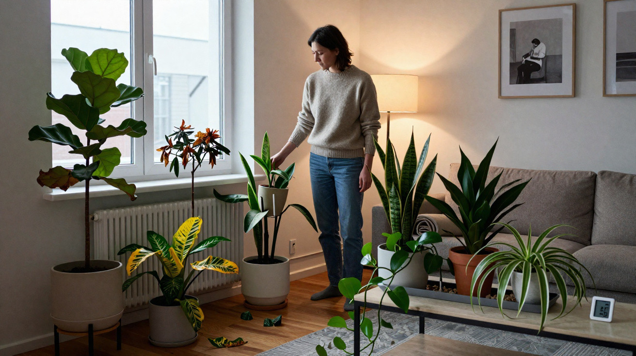 Mulher a cuidar de plantas em vasos numa sala com sofá, candeeiro e decoração moderna.