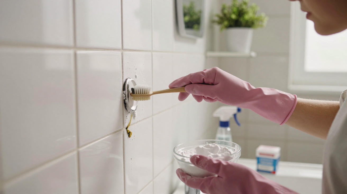 Pessoa com luvas cor-de-rosa a limpar azulejos brancos e um ralo com escova e pasta de limpeza.