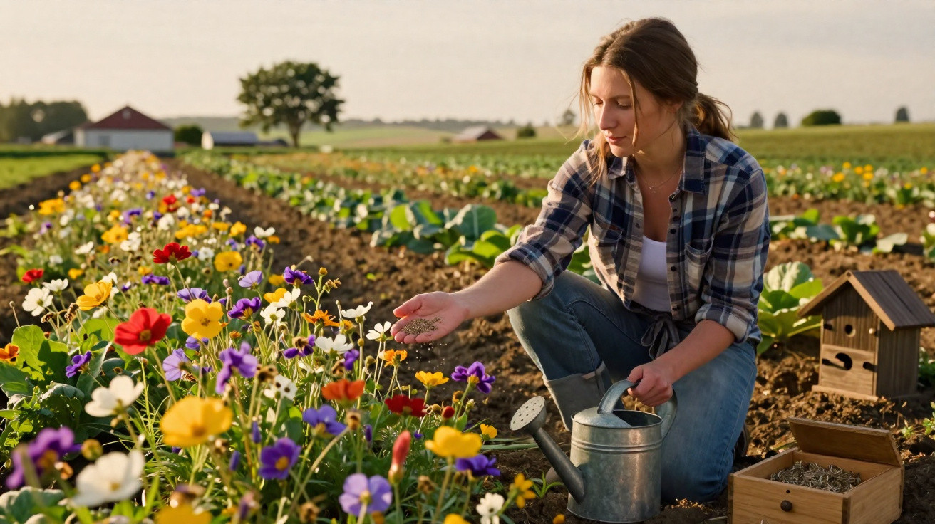 Mulher a cuidar de flores coloridas num campo ao ar livre, com regador na mão e caixa de sementes.