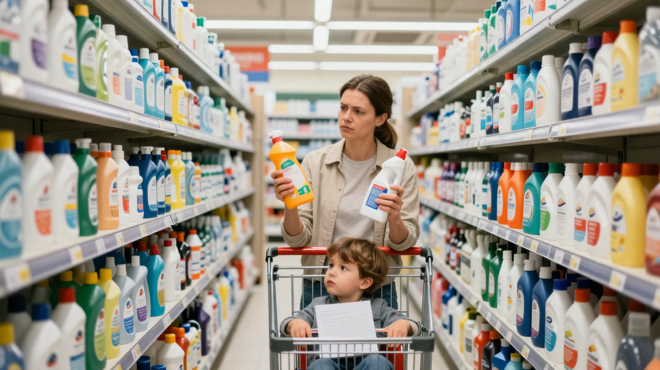 Mulher com criança no carrinho de compras escolhe produtos de limpeza na prateleira do supermercado.