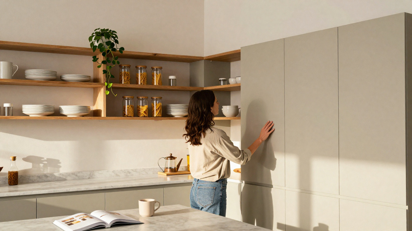 Mulher abre armário numa cozinha moderna com prateleiras de madeira, louças e mantimentos expostos.