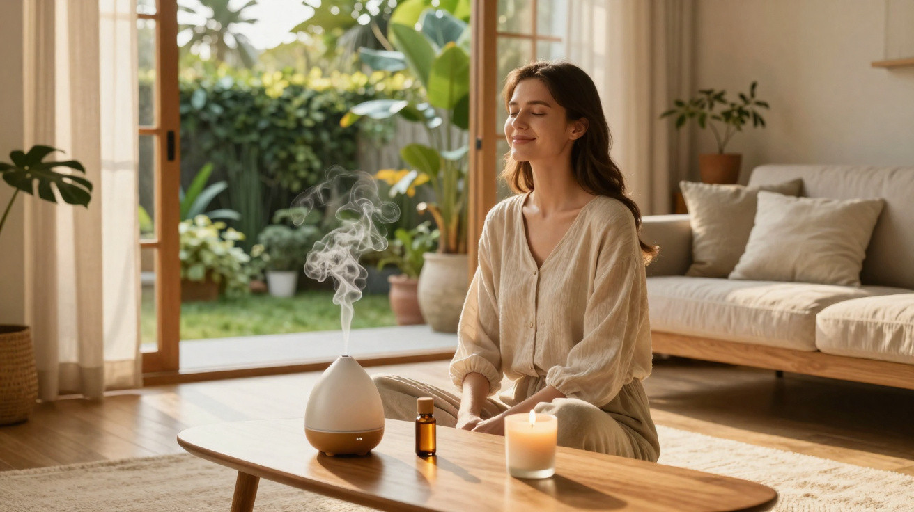 Mulher sentada a meditar com aromatizador, vela e óleo essencial numa sala luminosa e acolhedora.