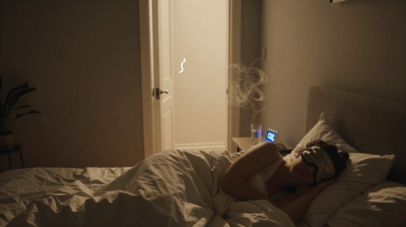 Pessoa a dormir na cama com máscara de sono, despertador digital e fumaça no ar num quarto escuro.