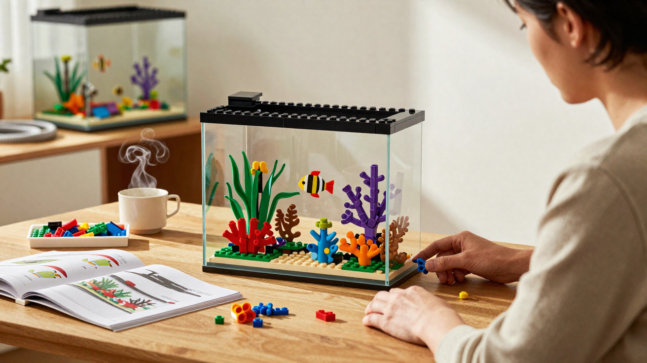 Pessoa a montar um aquário de brinquedo com peças coloridas tipo Lego numa mesa de madeira.