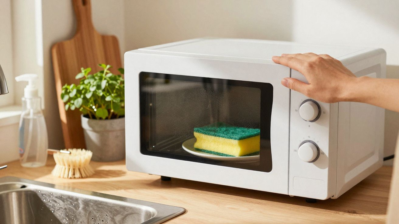 Micro-ondas branco numa cozinha, com uma esponja amarela e verde no interior e uma mão a mexer os botões.