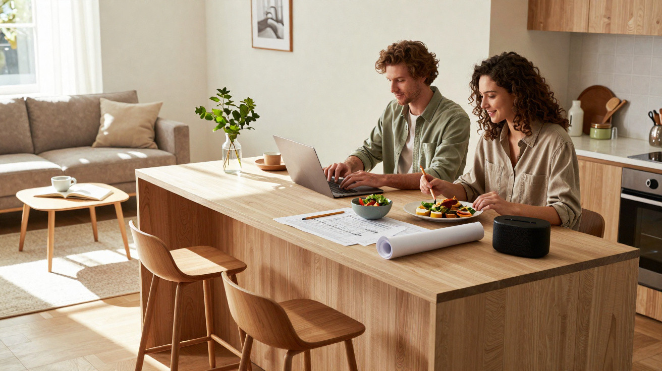 Casal jovem sentado num balcão de cozinha moderna, ele a usar portátil e ela a comer uma refeição.