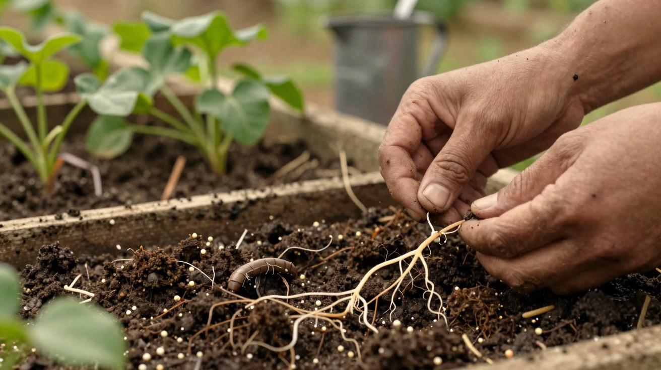 Mãos humanas a cuidar de raízes e terra num canteiro de cultivo com plantas jovens ao fundo.