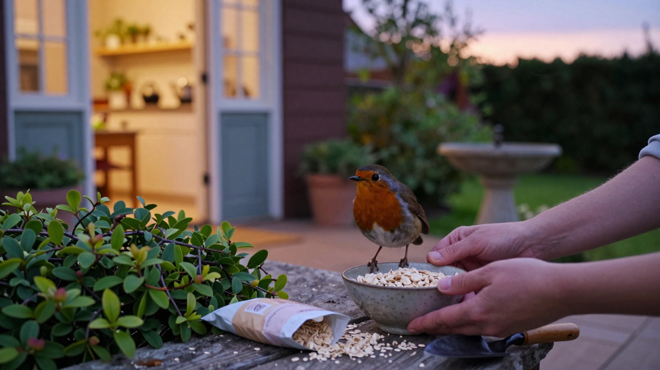 Pássaro com peito vermelho pousado num prato com aveia, mãos humanas seguram o prato numa mesa ao ar livre ao entardecer.