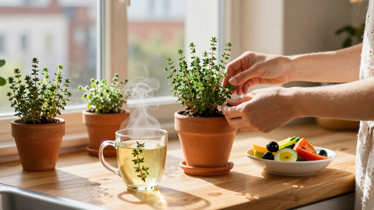 Mãos a apanharem folhas de ervas frescas em vaso junto a chá fumegante e prato com frutas numa mesa iluminada.