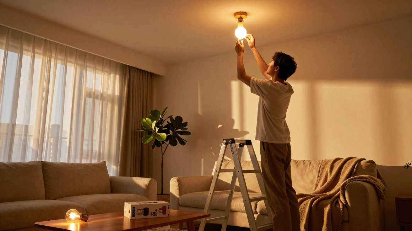 Homem a trocar uma lâmpada no tecto numa sala iluminada pela luz do pôr do sol.