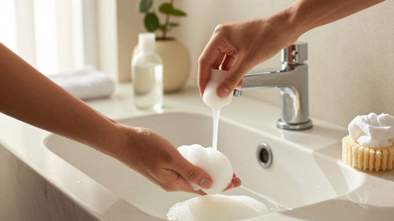 Mãos a encher espuma de sabão num lava-mãos branco numa casa de banho com acessórios neutros.