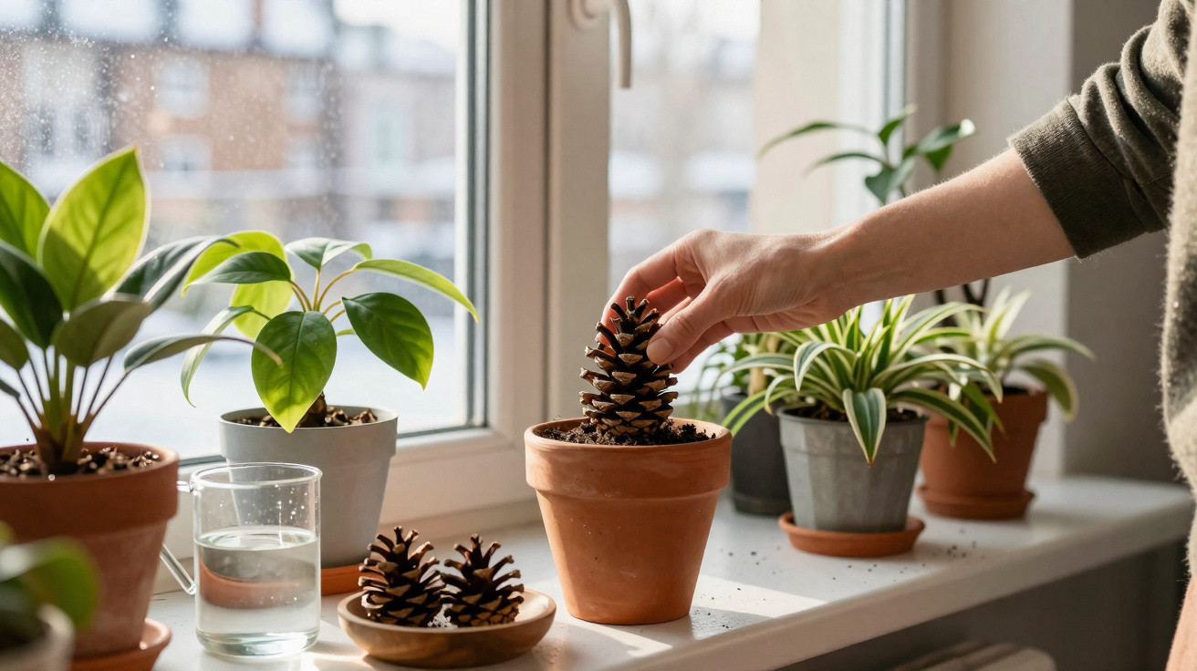 Mão a colocar pinha em vaso de barro numa janela com várias plantas em vasos à volta e um copo de água.