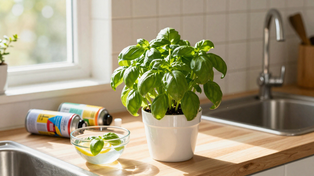Planta de manjericão em vaso branco sobre bancada de cozinha iluminada por luz natural junto a pia e janela.