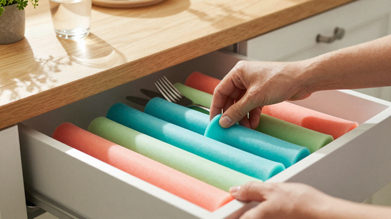 Mãos organizam talheres em gaveta com divisórias coloridas de espuma em cozinha moderna.