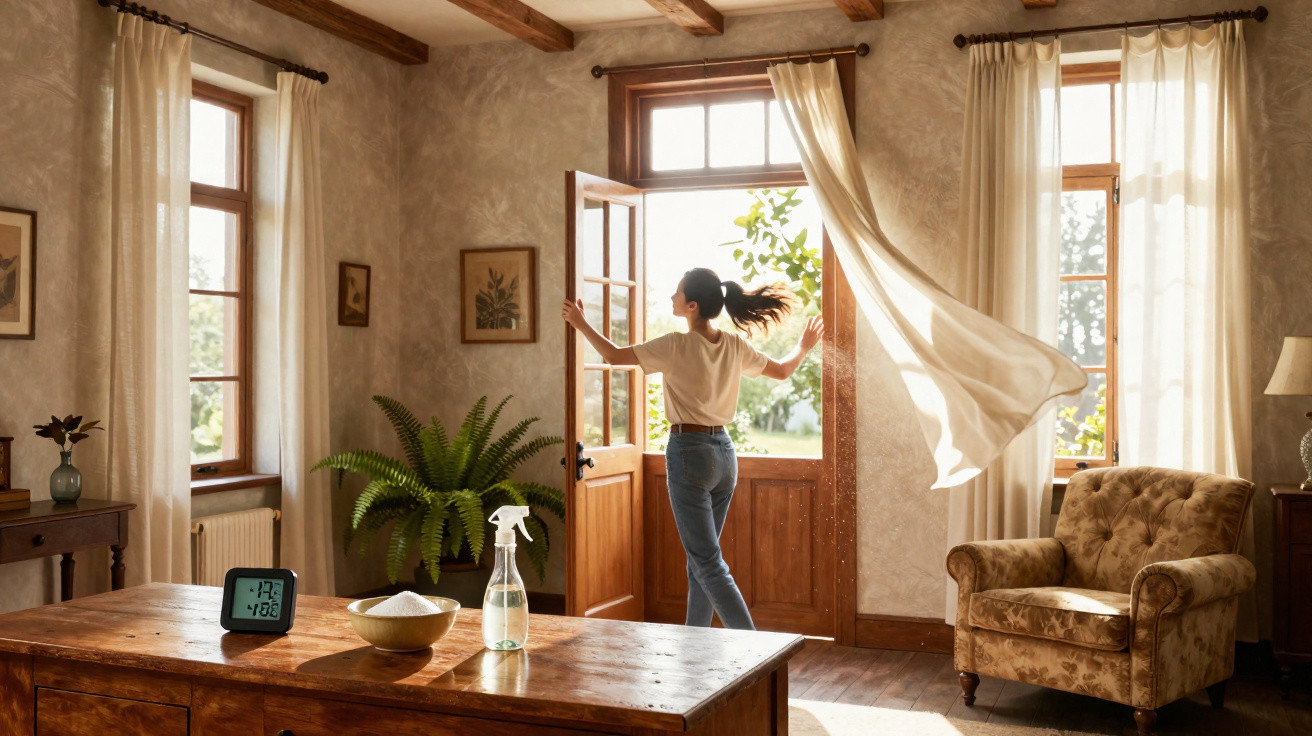 Mulher a abrir porta de casa para entrada de luz e ar fresco numa sala com decoração rústica.