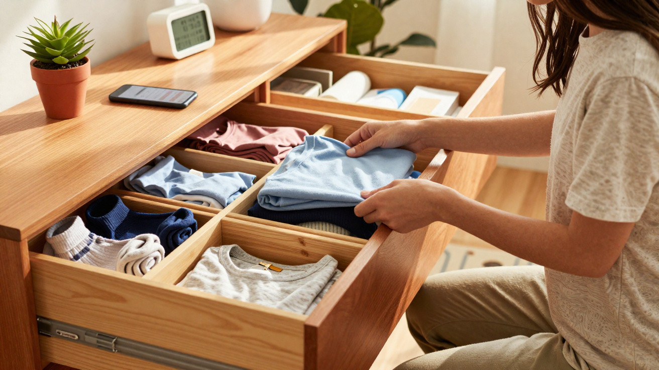 Pessoa a organizar roupa dobrada numa cómoda de madeira com divisórias, ao lado de uma planta e um smartphone.