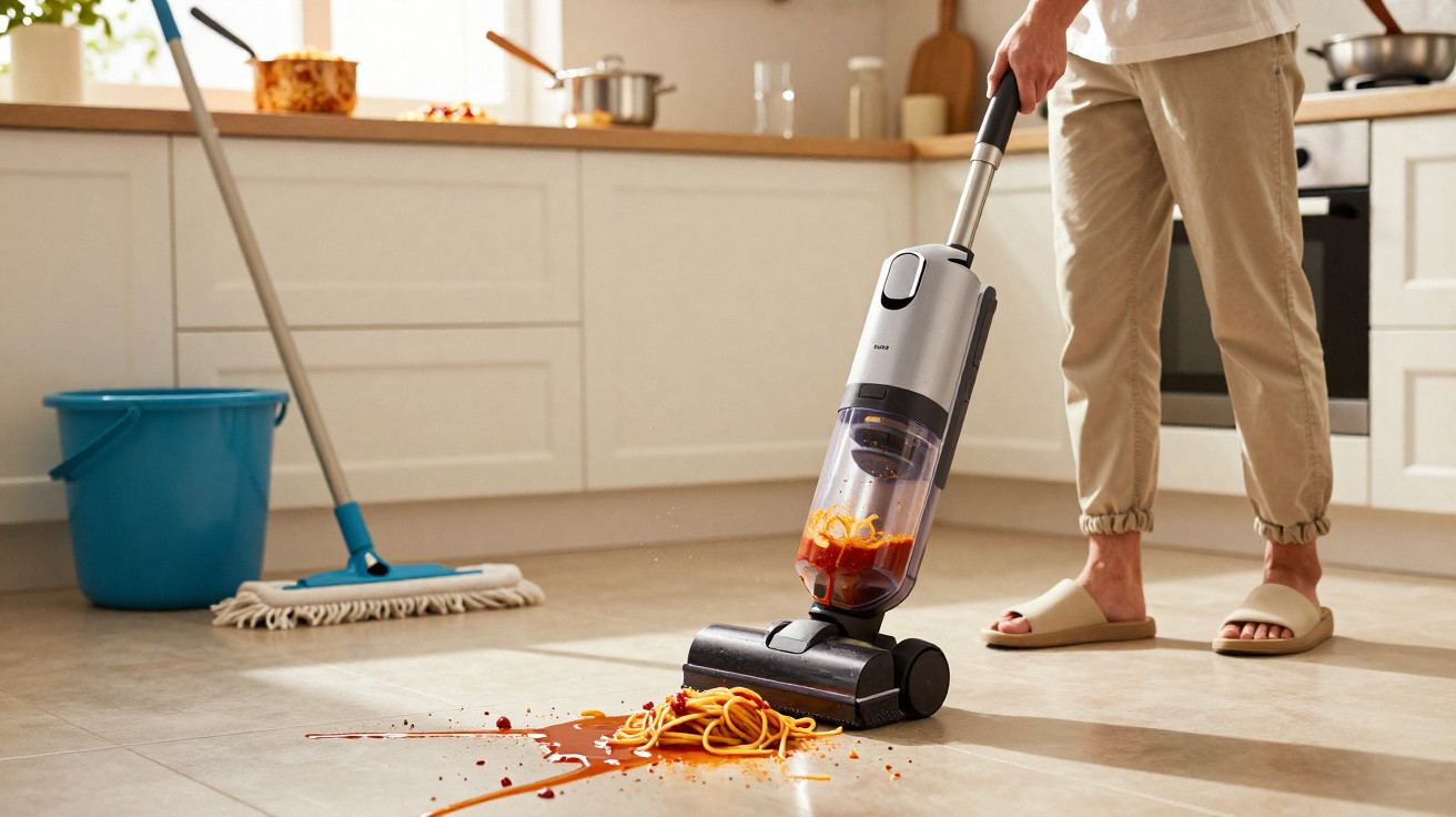 Pessoa a aspirar esparguete e molho de tomate derramado no chão da cozinha moderna.