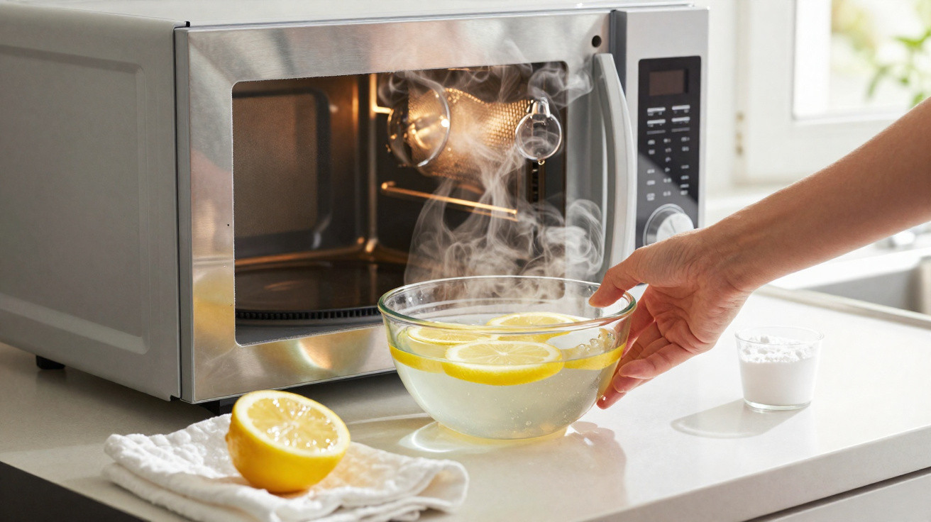 Mão a retirar tigela com água e fatias de limão fumegante do micro-ondas na cozinha.