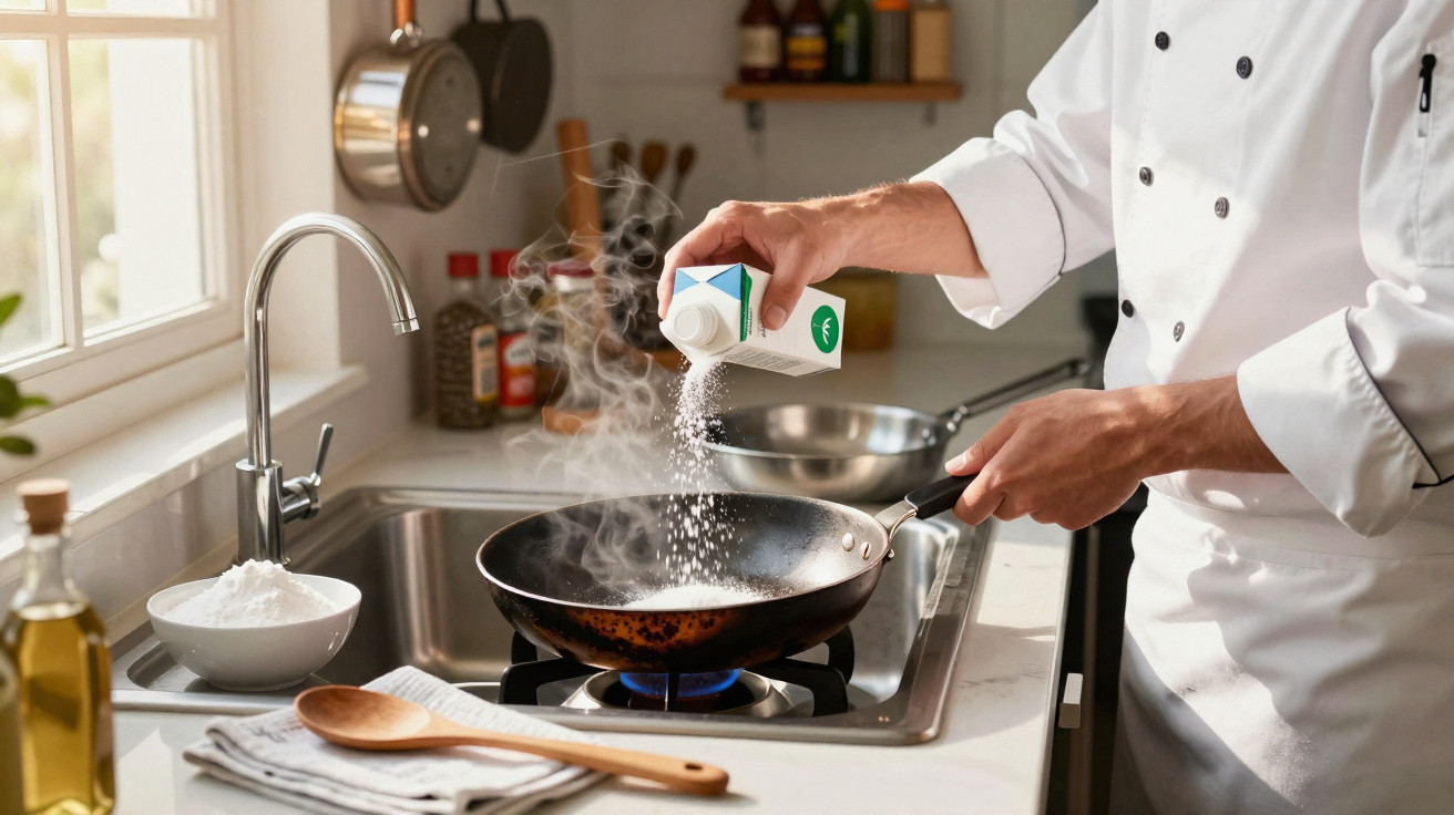 Chef a cozinhar e polvilhar farinha numa frigideira quente numa cozinha moderna e luminosa.