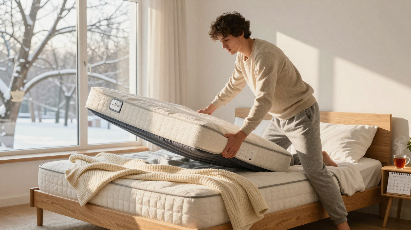 Homem a colocar um colchão novo numa cama de madeira junto a uma janela com vista para árvores nevadas.