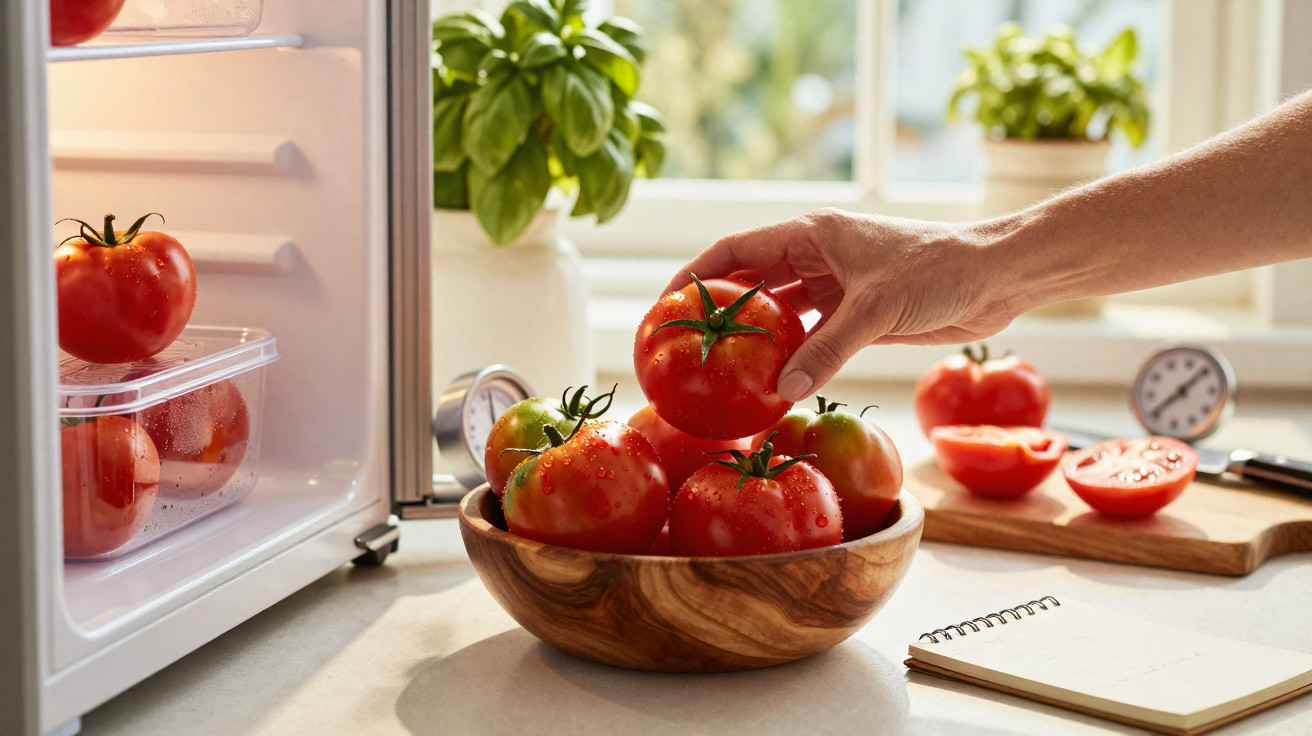 Mão a pegar tomate vermelho numa tigela de madeira numa cozinha iluminada junto a janela com plantas e frigorífico aberto.