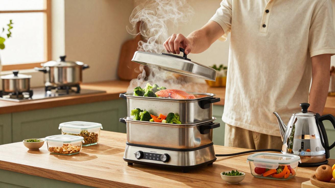 Pessoa a cozinhar legumes e salmão a vapor numa cozinha moderna com vapores a sair do utensílio.