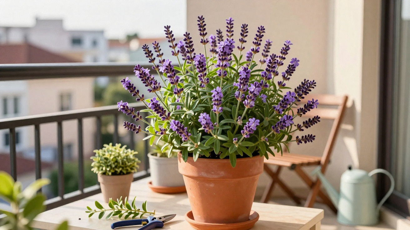 Vaso de flores de lavanda roxa numa varanda com regador, tesoura de poda e cadeiras ao fundo.