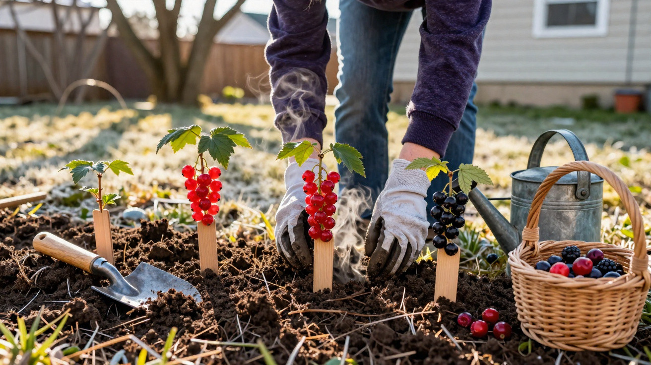 Pessoa a plantar arbustos de groselha vermelha e preta num jardim com luvas brancas, regador e cesta com frutos.