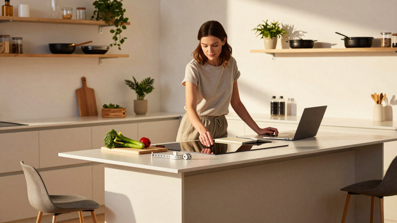 Mulher com roupa casual a cozinhar numa cozinha moderna e clara, usando um fogão e laptop sobre a bancada.