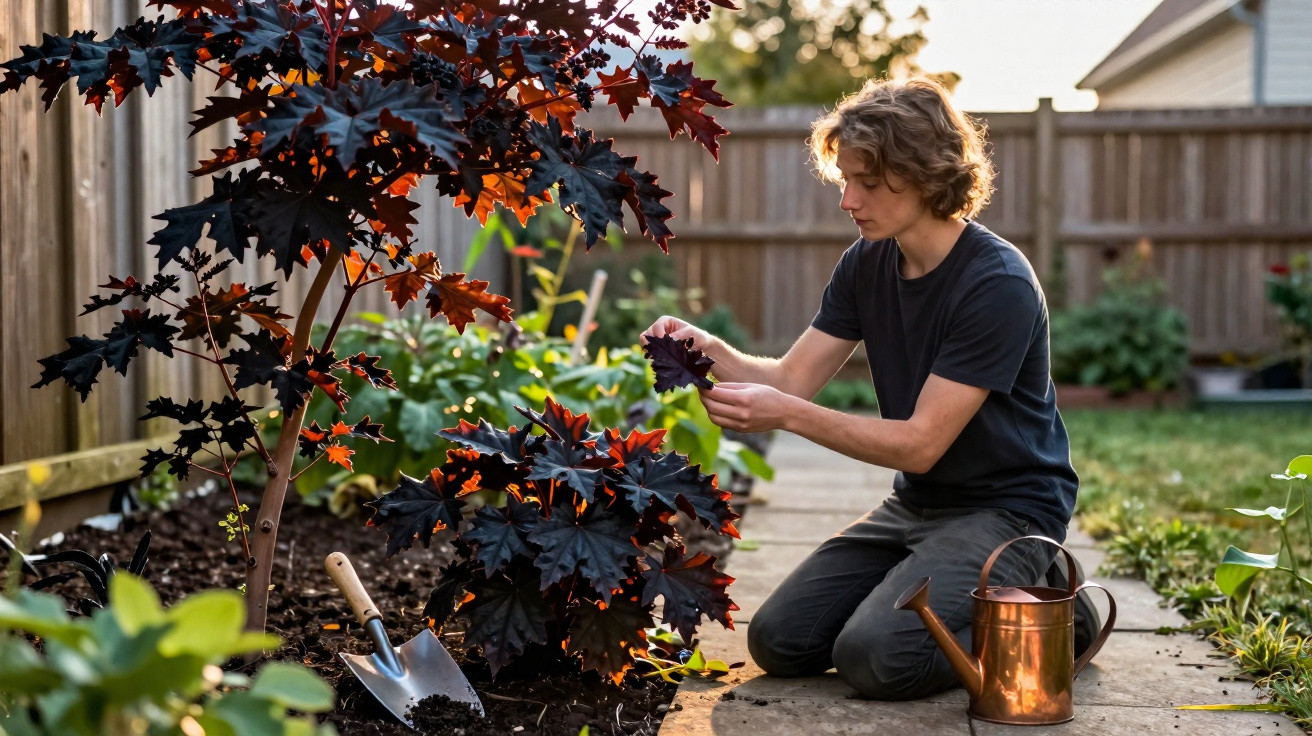 Jovem a cuidar de plantas com folhas vermelhas escuras num jardim, ao entardecer.