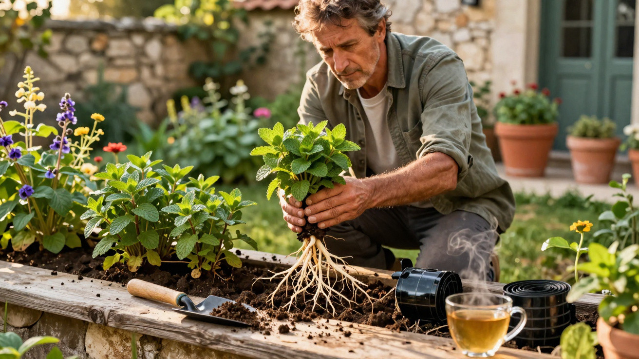 Homem a transplantar planta com raízes expostas numa horta elevada num jardim ensolarado.